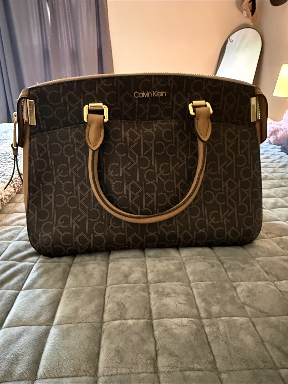 Calvin Klein Dark Brown Logo Satchel Purse Handbag with Tan Handles